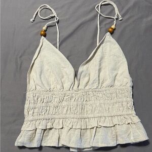 Cream Ruffle Smocked Linen-Style Crop Top